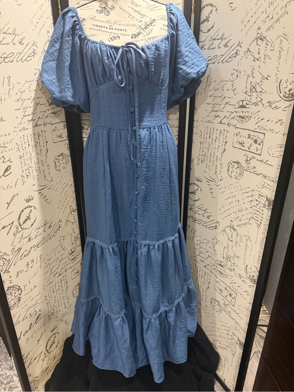 Moma Blue Puff-Sleeve Tiered Maxi Dress